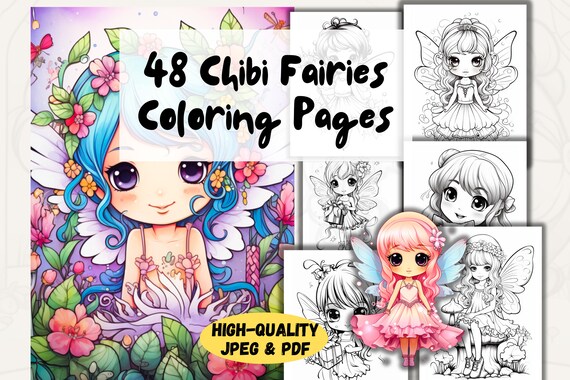 Chibi Fairies Coloring, Cute Chibi Coloring Pages for Girls, Cute Girl Coloring Pages, Chibi Girl Coloring, Chibi fairy, Cute Coloring Page