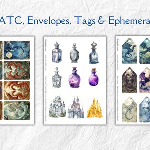 May include: A set of printable digital papers featuring watercolor illustrations of dragons, potions, and castles. The papers are perfect for creating cards, tags, and other paper crafts.