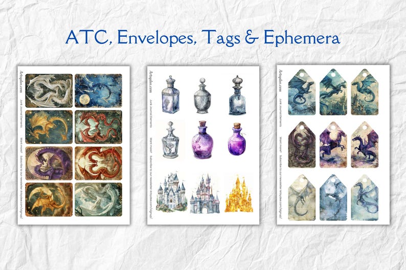 May include: A set of printable digital papers featuring watercolor illustrations of dragons, potions, and castles. The papers are perfect for creating cards, tags, and other paper crafts.