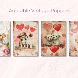 May include: Four vintage-style illustrations of adorable puppies with hearts. The images feature a single puppy, two puppies, and two puppies with a red heart.