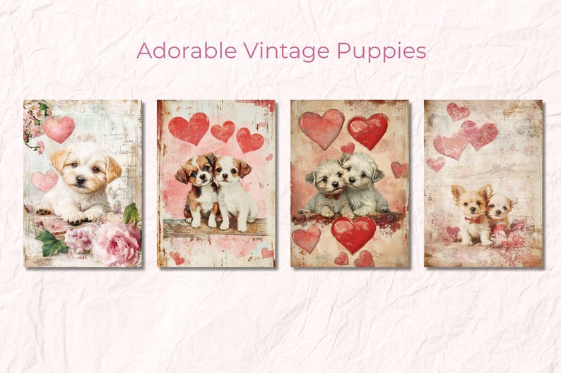 May include: Four vintage-style illustrations of adorable puppies with hearts. The images feature a single puppy, two puppies, and two puppies with a red heart.