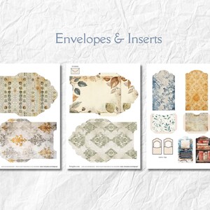 Op de afbeelding: Gedrukte papieren enveloppen en inlegvellen met vintage ontwerpen. De ontwerpen omvatten bloempatronen, damast en botanische elementen in gedempte kleuren. De tekst "Envelopes & Inserts" wordt bovenaan weergegeven.
