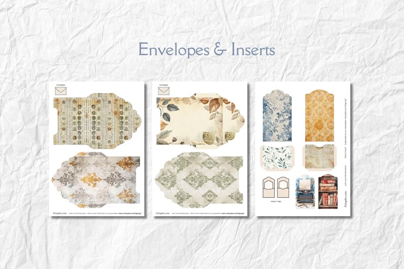 Op de afbeelding: Gedrukte papieren enveloppen en inlegvellen met vintage ontwerpen. De ontwerpen omvatten bloempatronen, damast en botanische elementen in gedempte kleuren. De tekst "Envelopes & Inserts" wordt bovenaan weergegeven.