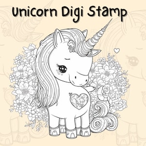 Digi Stamp Unicorn, Digi Stamp, Cute Unicorn, Procreate stamps, Digital stamps, Coloring, Unicorn, Unicorn Clipart, Unicorn PNG, Card Making