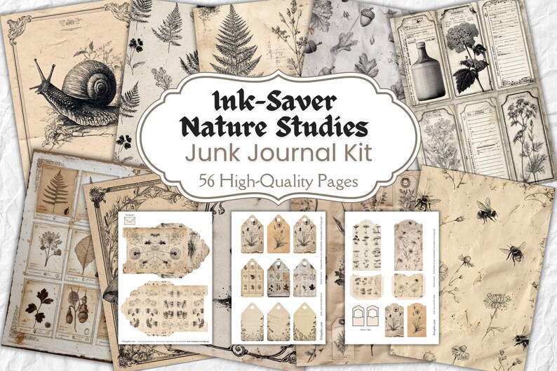 K&ouml;nnte beinhalten: Eine Sammlung von Papier-Ephemera im Vintage-Stil f&uuml;r Junk-Journaling. Das Kit enth&auml;lt Seiten mit botanischen Illustrationen, Anh&auml;ngern und dekorativen Elementen. Der Titel "Ink-Saver Nature Studies Junk Journal Kit" ist prominent dargestellt, mit dem Text "56 High-Quality Pages".