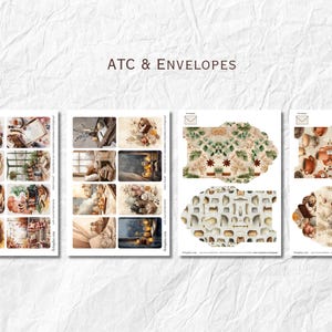 May include: ATC & ENVELOPES text on a white background. The image shows four sets of stationery. The first set has multiple small images of books, flowers, and cozy interior scenes. The other sets are decorative envelope designs with floral and nature themes.