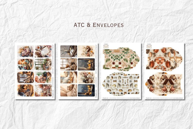 May include: ATC & ENVELOPES text on a white background. The image shows four sets of stationery. The first set has multiple small images of books, flowers, and cozy interior scenes. The other sets are decorative envelope designs with floral and nature themes.