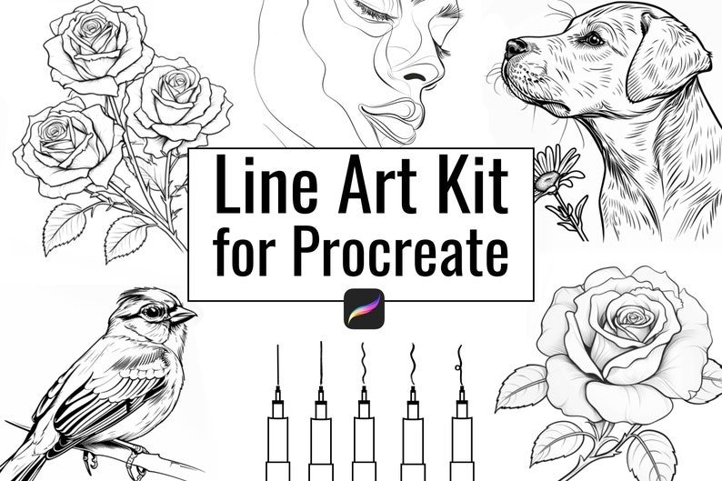 May include: Line art kit for Procreate app with black and white illustrations of a rose, a bird, a dog, and a woman's face. The kit includes six different brushes for creating line art.
