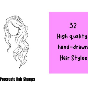 May include: A black and white line drawing of a woman's hairstyle. The image is part of a set of 32 high quality, hand-drawn hair styles for Procreate.