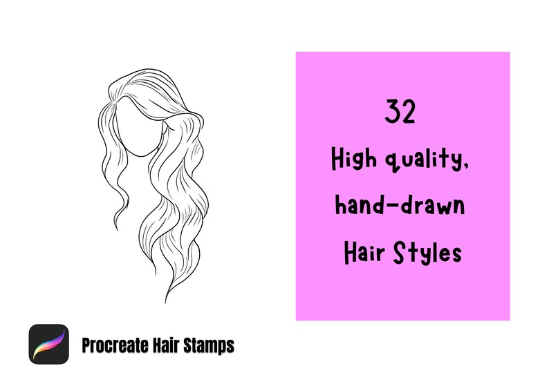 May include: A black and white line drawing of a woman's hairstyle. The image is part of a set of 32 high quality, hand-drawn hair styles for Procreate.