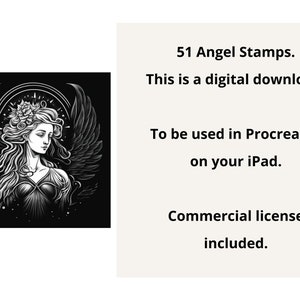 Peut inclure: Une illustration num&eacute;rique en noir et blanc d'un ange avec des ailes, une couronne de fleurs et une longue robe fluide. L'image est sur un fond noir avec une aur&eacute;ole autour de la t&ecirc;te de l'ange. Le texte "51 Angel Stamps. This is a digital download. To be used in Procreate, on your iPad. Commercial license included." est affich&eacute; sous l'image.