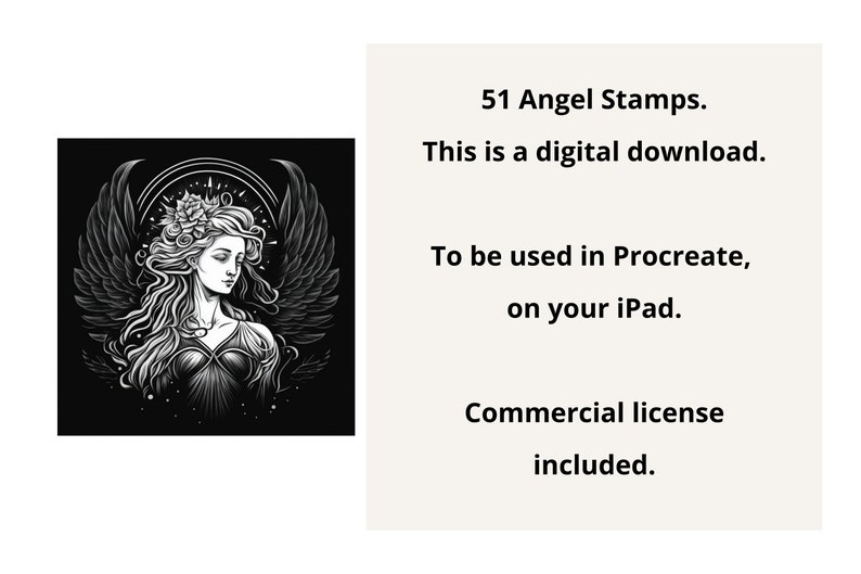 Peut inclure: Une illustration num&eacute;rique en noir et blanc d'un ange avec des ailes, une couronne de fleurs et une longue robe fluide. L'image est sur un fond noir avec une aur&eacute;ole autour de la t&ecirc;te de l'ange. Le texte "51 Angel Stamps. This is a digital download. To be used in Procreate, on your iPad. Commercial license included." est affich&eacute; sous l'image.