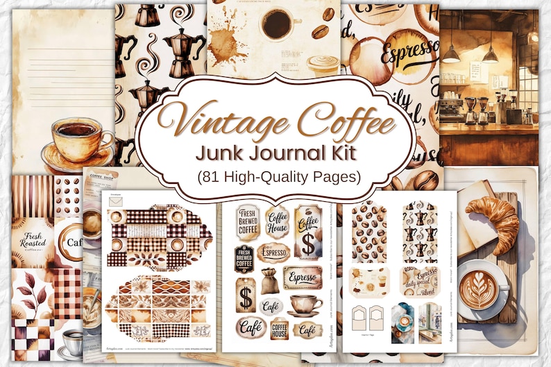 May include: A collection of vintage coffee-themed junk journal pages. The design includes coffee cups, beans, espresso, and cafe elements. The title "Vintage Coffee Junk Journal Kit" is displayed prominently.