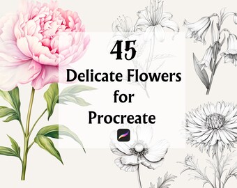 繊細な花柄のProcreateスタンプ45種類、iPad用ファインラインフローラルタトゥーブラシセット、Procreate用ウェディングフラワースタンプ