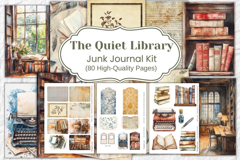 Op de afbeelding: Waterverfillustratie van een junk journal kit getiteld "The Quiet Library". De afbeelding toont verschillende elementen in vintage stijl, waaronder boeken, een typemachine en decoratief papier. De kit bevat 80 pagina's van hoge kwaliteit.