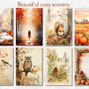 Op de afbeelding: Aquarel schilderijen met herfstthema's. Afbeeldingen tonen een kopje thee, een persoon in een rode jas, een eekhoorn, pompoenen, een vogel, een uil, een dennenappel en appels. De tekst luidt "Beautiful cozy scenery."