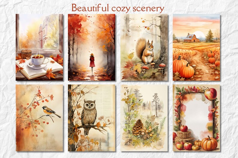 Op de afbeelding: Aquarel schilderijen met herfstthema's. Afbeeldingen tonen een kopje thee, een persoon in een rode jas, een eekhoorn, pompoenen, een vogel, een uil, een dennenappel en appels. De tekst luidt "Beautiful cozy scenery."