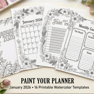 Puede incluir: Cuatro páginas de planificador imprimibles en blanco y negro con bordes florales. Las páginas incluyen un calendario para enero de 2026, un rastreador de hábitos y una sección de objetivos mensuales. El texto "PAINT YOUR PLANNER" y "January 2026" también son visibles.