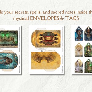 May include: Printable digital download of mystical envelopes and tags. The envelopes feature a variety of designs with gold, blue, and green colors. The tags feature a variety of designs with women in different poses and colors.