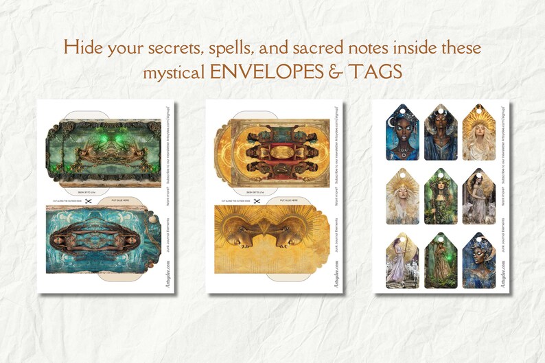 May include: Printable digital download of mystical envelopes and tags. The envelopes feature a variety of designs with gold, blue, and green colors. The tags feature a variety of designs with women in different poses and colors.