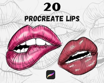 May include: 20 Procreate Lips digital art brushes. The image shows two sets of lips, one pink and one red, with a white background. The Procreate app logo is in the bottom center of the image.
