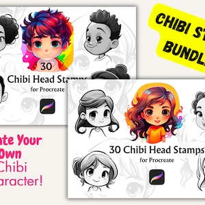Chibi Head Procreate Bundle, Chibi Hairstyles, Chibi Procreate, Chibi Procreate Stamps, Procreate Anime, Procreate Brushes, Procreate stamps