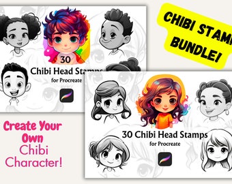 May include: A digital illustration of a bundle of 30 customizable chibi head stamps for Procreate. The image shows a variety of head shapes, hairstyles, and facial expressions. The text "30 Chibi Head Stamps for Procreate" is displayed on the image.