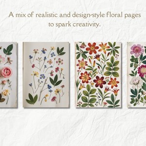 K&ouml;nnte beinhalten: Vier verschiedene Blumenmuster auf wei&szlig;em Papier. Die Muster sind alle in unterschiedlichen Stilen gehalten, einige sind realistischer und andere stilisierter. Der Text "A mix of realistic and design-style floral pages to spark creativity." befindet sich oben im Bild.