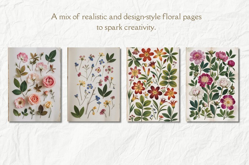 K&ouml;nnte beinhalten: Vier verschiedene Blumenmuster auf wei&szlig;em Papier. Die Muster sind alle in unterschiedlichen Stilen gehalten, einige sind realistischer und andere stilisierter. Der Text "A mix of realistic and design-style floral pages to spark creativity." befindet sich oben im Bild.