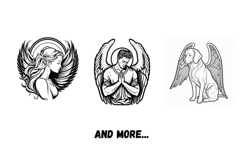 Peut inclure: Trois illustrations en noir et blanc d'anges. La premi&egrave;re est un ange f&eacute;minin avec de longs cheveux et des ailes. La deuxi&egrave;me est un ange masculin avec des ailes et les mains jointes en pri&egrave;re. La troisi&egrave;me est un chien avec des ailes. Le texte "AND MORE..." est sous les images.