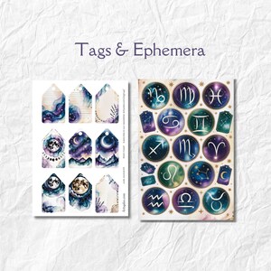 May include: Two sets of celestial-themed tags and ephemera. The tags feature watercolor designs of galaxies, moons, and mountains. The ephemera includes zodiac symbols in circular designs with a starry background. The text "Tags & Ephemera" is at the top.