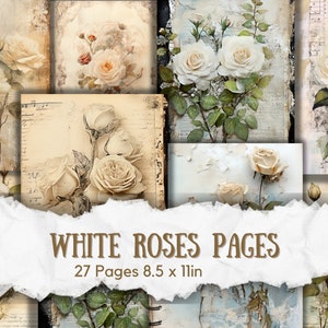 Weiße Rosenseiten, Rose Junk Journal Seiten, Junk Journal, Ephemera Junk Journal, Rosen Junk Journal, Hochzeit Junk Journal, Rose, Shabby Chic