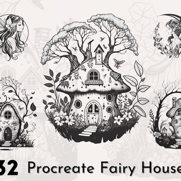 32 Tampons Procréer La Maison Des Fées, Procréer Des Fées, Maisons Champignons, Tampons Numériques Maison Des Fées, Coloriage Procréer, Livre De Coloriage