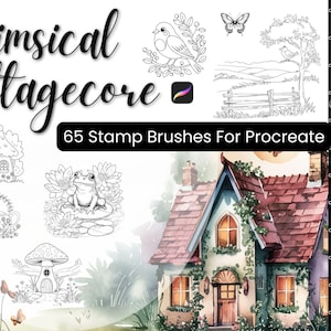 Cottagecore Procreate Stamps, Digital Stamps for Procreate, Fairy Tale Brush Set, Digital Art Stamps,Mushrooms, Florals, Cottages, Procreate