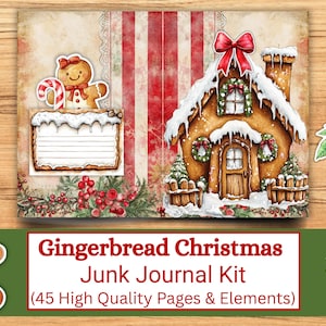 May include: A digital Christmas junk journal kit with a gingerbread house, Santa Claus, poinsettias, and a snowman. The kit includes 45 high-quality pages and elements. The image features a gingerbread man, a snow globe, and a candy cane.