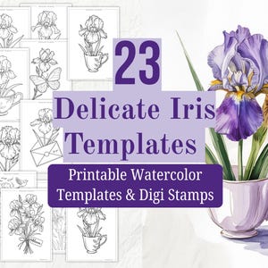 アイリスデジスタンプ印刷可能、水彩テンプレート、花のアウトライン、カードメイキング、Procreate PNG、初心者向け水彩画、アイリスの花