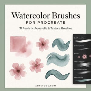 Pinceles de acuarela para Procreate: conjunto de 31 pinceles de acuarela realistas, con efectos de lavado húmedo, sangrado de borde oscuro, textura de papel y salpicaduras para iPad.