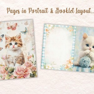 以下が含まれることがあります： 子猫のイラストが描かれた小冊子の2ページ。1ページには、蝶とバラのある茶色と白の子猫が描かれています。もう一方のページには、青と白のチェック柄の縁取りで、毛糸玉で遊んでいる白い子猫が描かれています。
