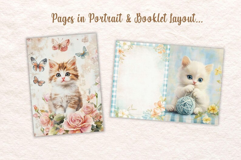 以下が含まれることがあります： 子猫のイラストが描かれた小冊子の2ページ。1ページには、蝶とバラのある茶色と白の子猫が描かれています。もう一方のページには、青と白のチェック柄の縁取りで、毛糸玉で遊んでいる白い子猫が描かれています。