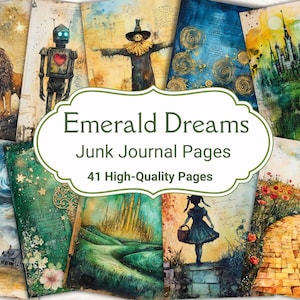 Páginas de diario basura de Emerald Dreams, diario basura de El Mago de Oz, Ciudad Esmeralda, Dorothy, Camino de baldosas amarillas, fabricación de tarjetas, suministros para álbumes de recortes