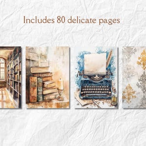 Op de afbeelding: Een set van vier aquarelprints met een vintage thema. De prints tonen een bibliotheek, opgestapelde boeken met een kaars, een blauwe typemachine en een goud-grijs damastpatroon. De tekst "Includes 80 delicate pages" staat bovenaan.