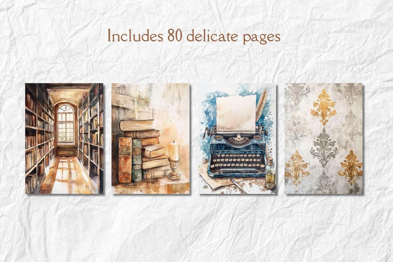 Op de afbeelding: Een set van vier aquarelprints met een vintage thema. De prints tonen een bibliotheek, opgestapelde boeken met een kaars, een blauwe typemachine en een goud-grijs damastpatroon. De tekst "Includes 80 delicate pages" staat bovenaan.