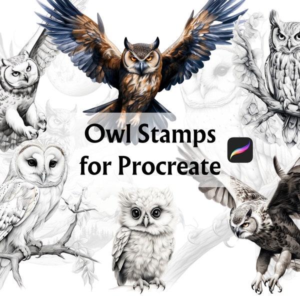 Owl Procreate Stamps, Owl Stamp Brush, Procreate Stamps, Procreate Brushes, Procreate Brush Set, Owl Stamp, Owl Tattoo, Procreate Tattoo