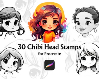 May include: A set of 30 black and white chibi head stamps for Procreate, a digital art app. The stamps feature different hairstyles and facial expressions.