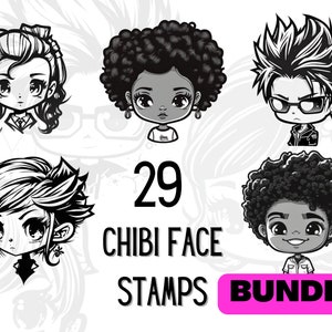 29 Chibi Faces PNG Bundle, Chibi head, Chibi PNG, Chibi Procreate, Chibi stamps, Chibi Base, Chibi Poses, Card making, Coloring Page, Chibi