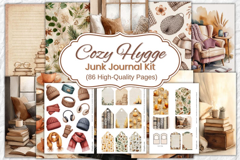 May include: A digital junk journal kit titled "Cozy Hygge" with 86 high-quality pages. The image features watercolor illustrations of cozy items like hats, scarves, and tags, along with a reading nook scene. The color palette includes warm browns, creams, and muted greens.
