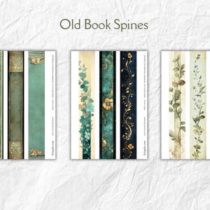 Op de afbeelding: De afbeelding toont drie sets decoratieve boekrugontwerpen. De tekst "Old Book Spines" staat bovenaan. De ontwerpen bevatten bloemen en botanische elementen in tinten groen, goud en blauw, met een vintage esthetiek. De ruggen zijn op een witte achtergrond geplaatst.