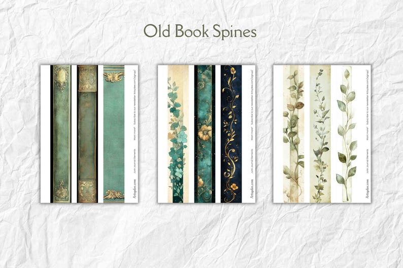 Op de afbeelding: De afbeelding toont drie sets decoratieve boekrugontwerpen. De tekst "Old Book Spines" staat bovenaan. De ontwerpen bevatten bloemen en botanische elementen in tinten groen, goud en blauw, met een vintage esthetiek. De ruggen zijn op een witte achtergrond geplaatst.