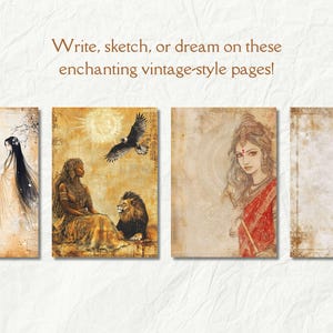 May include: Four vintage-style pages with illustrations of women and animals. The pages are decorated with a faded, antique look.  Write, sketch, or dream on these enchanting vintage-style pages!