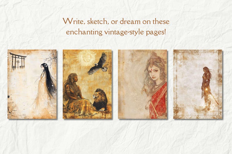 May include: Four vintage-style pages with illustrations of women and animals. The pages are decorated with a faded, antique look.  Write, sketch, or dream on these enchanting vintage-style pages!